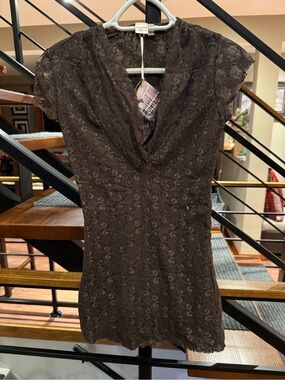 Y2K Brown Lace Cap-Sleeve Cowl Neck Dress